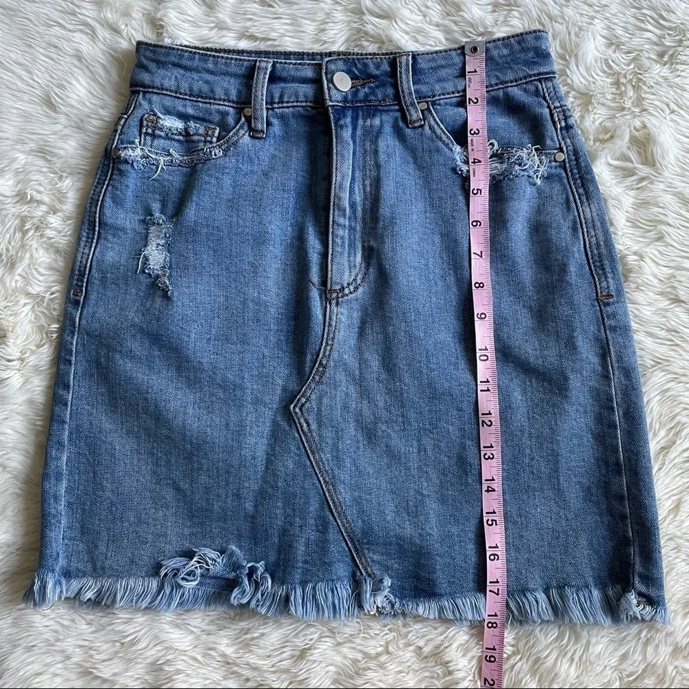 AFRM Skirt Denim Distressed Raw Hem Light Wash 28